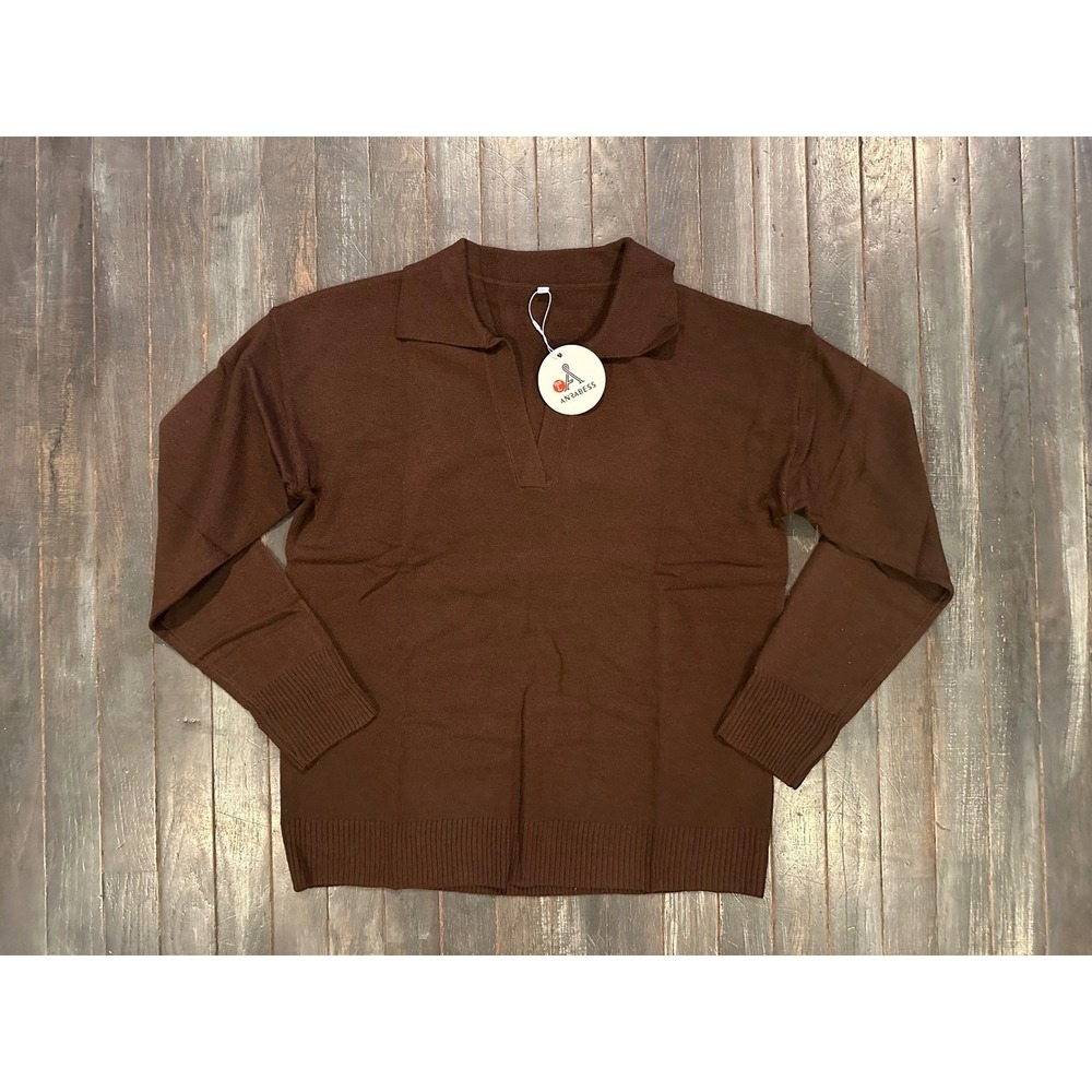 Anrabess Womens Long Sleeve Polo‎ Collar V Neck Knit Sweater Chocolate Brown NWT